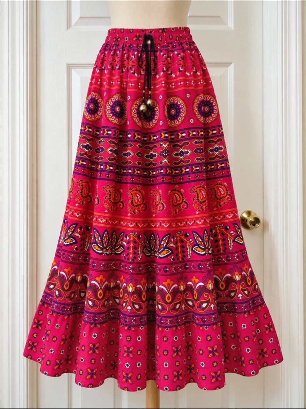Boho Fuchsia Purple Maxi Skirt S Drawstring W/Bells Western Coastal Cottagecore